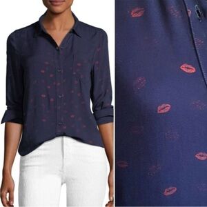 Rails Rocsi Kiss Me Metallic Top Lips Navy Blue Button Down Shirt Long Sleeve M